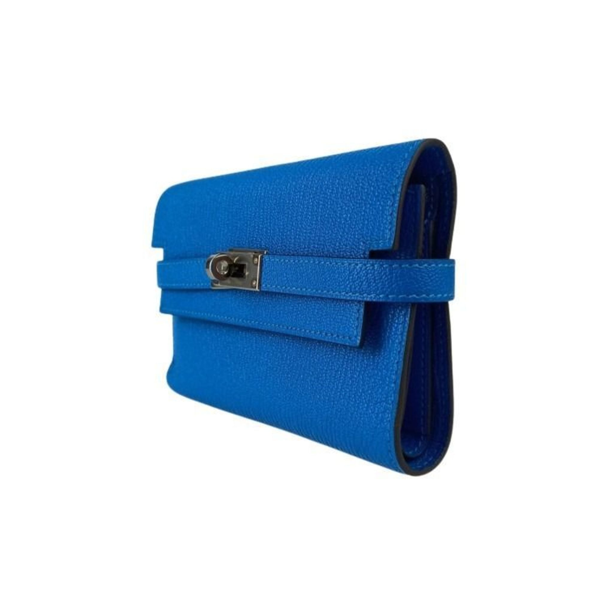 HERMES Kelly Deprien Medium Wallet in Blue Chevre, a women's tri-fold long wallet.