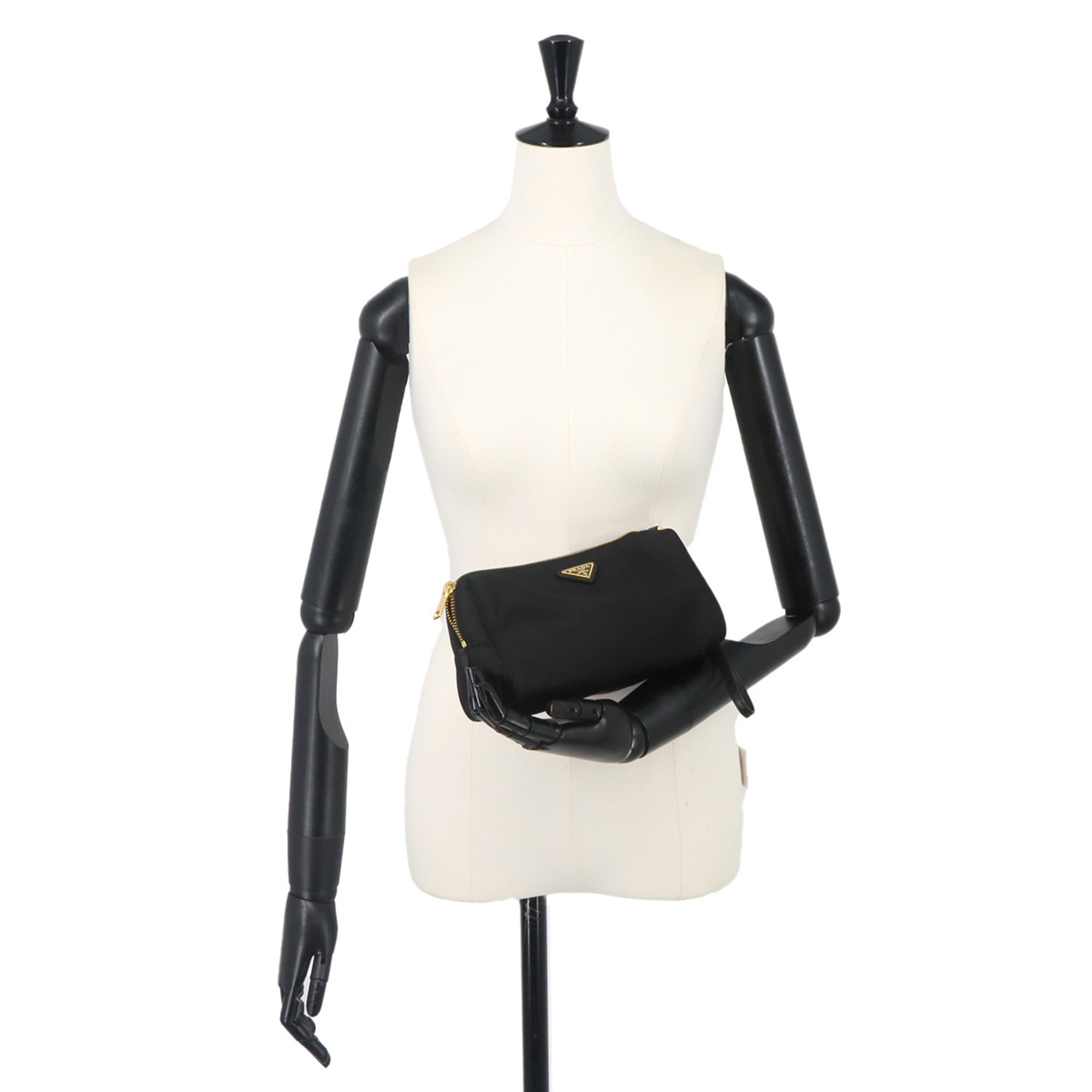 Prada handbag/pouch, nylon, Saffiano leather, black, gold hardware — Like New