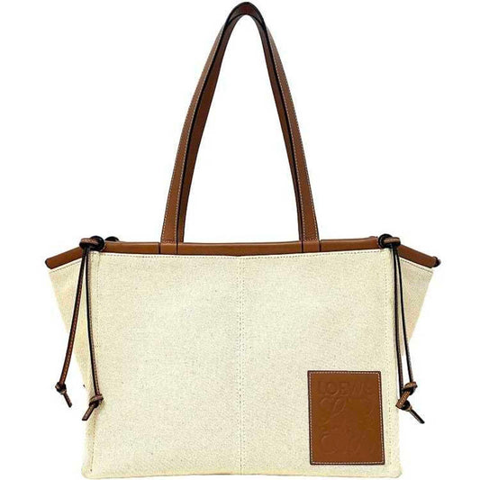 LOEWE Cushion Tote Small Natural Beige Brown Anagram 330.02AB90 Canvas Leather Ladies