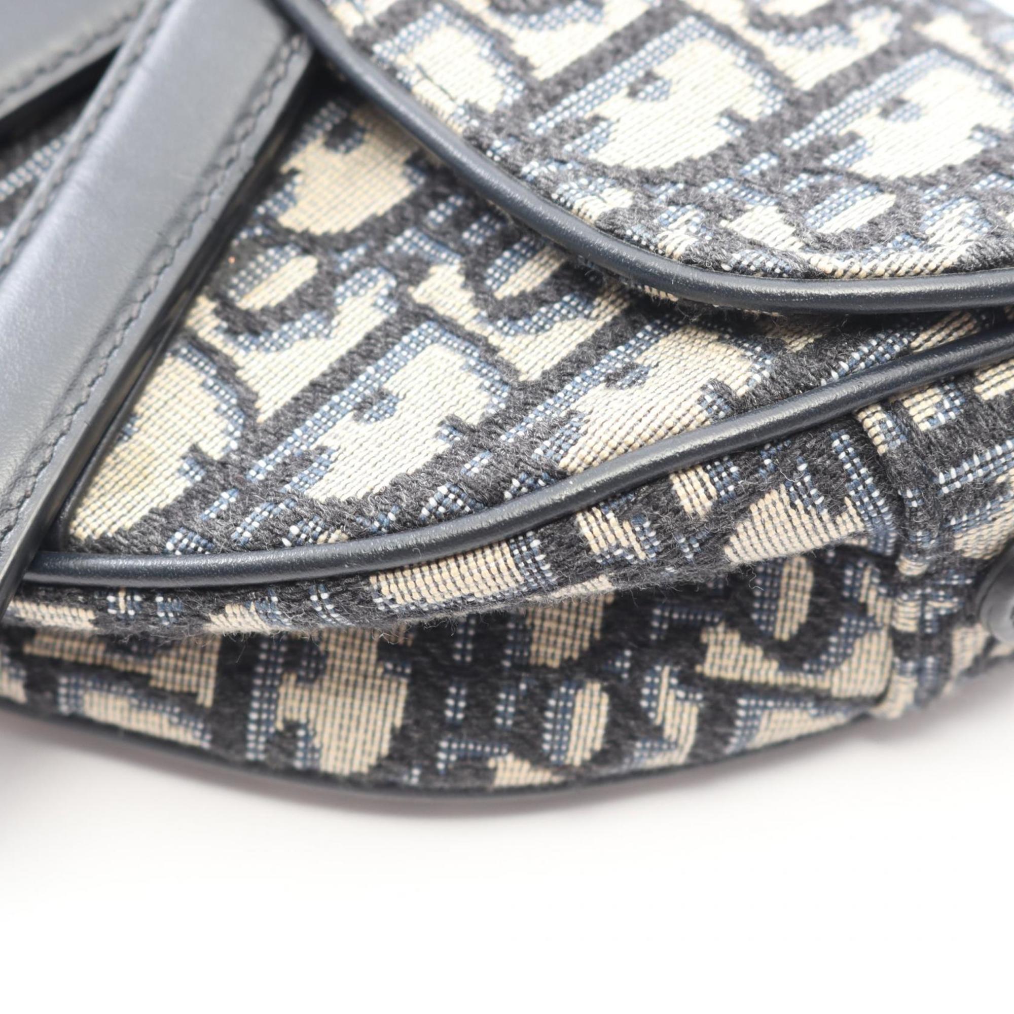 Christian Dior Dior Saddle Bag Mini Oblique Jacquard Handbag Canvas Leather Women's Ivory Navy