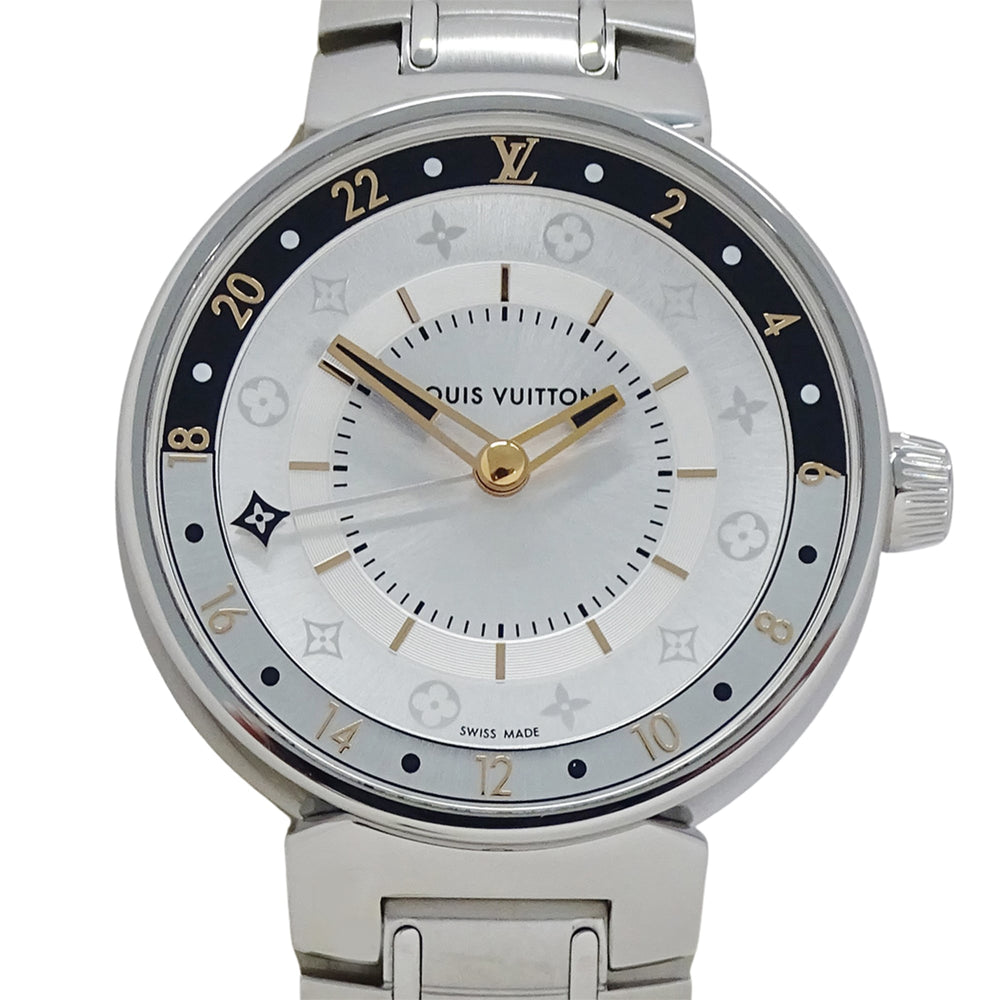Louis Vuitton LOUIS VUITTON Women's Watch, Tambour Moon Dual Time, Quartz, Stainless Steel (QA104), Silver — Good