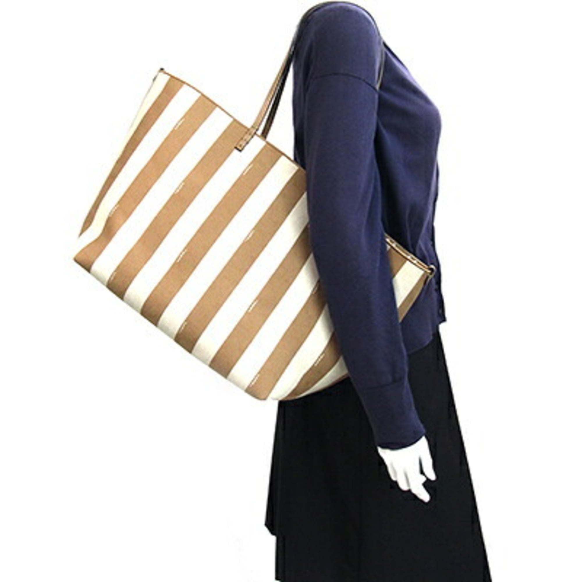 Fendi Roll Large Tote Bag 8BH425 Beige Fabric Leather Reversible Shoulder FF Zucca Pecan Stripe Women's FENDI