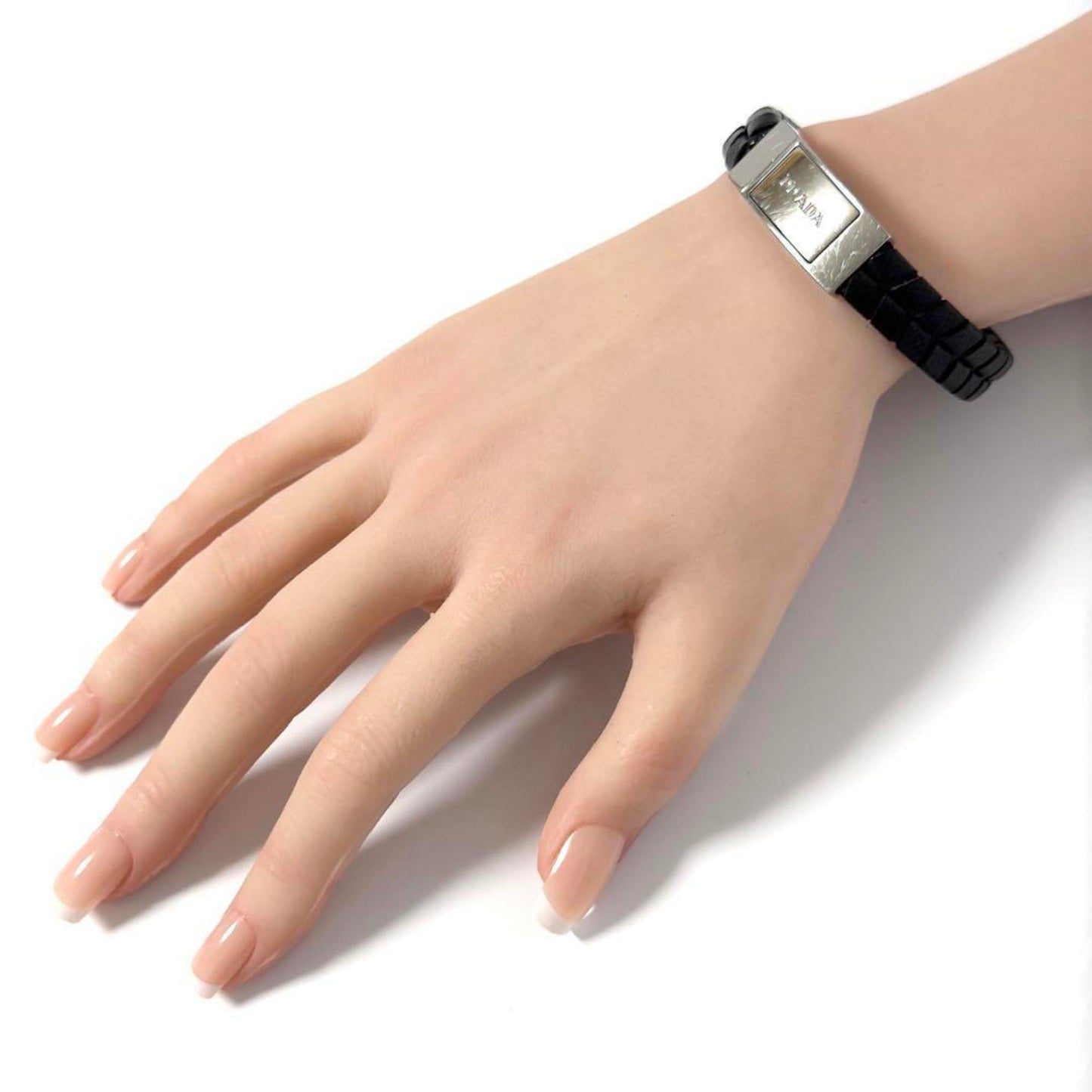 Prada Men's Logo Plate Leather Bracelet Black