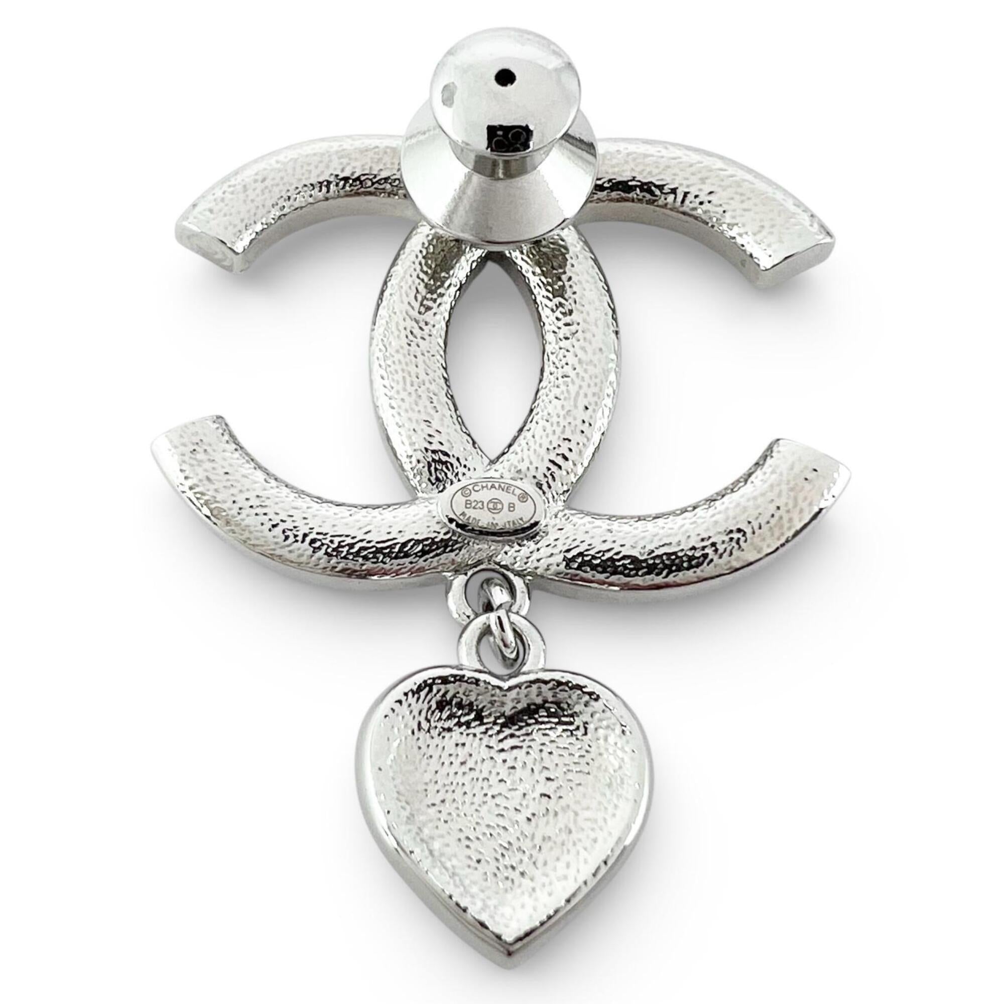 CHANEL B23 Coco Mark Heart Rhinestone Pin Badge Brooch, Silver, Made in Italy, Women's — Like New