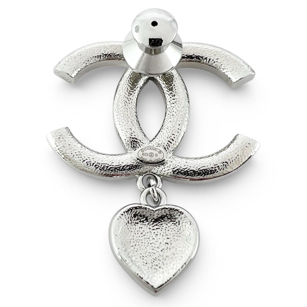 CHANEL B23 Coco Mark Heart Rhinestone Pin Badge Brooch, Silver, Made in Italy, Women's — Like New