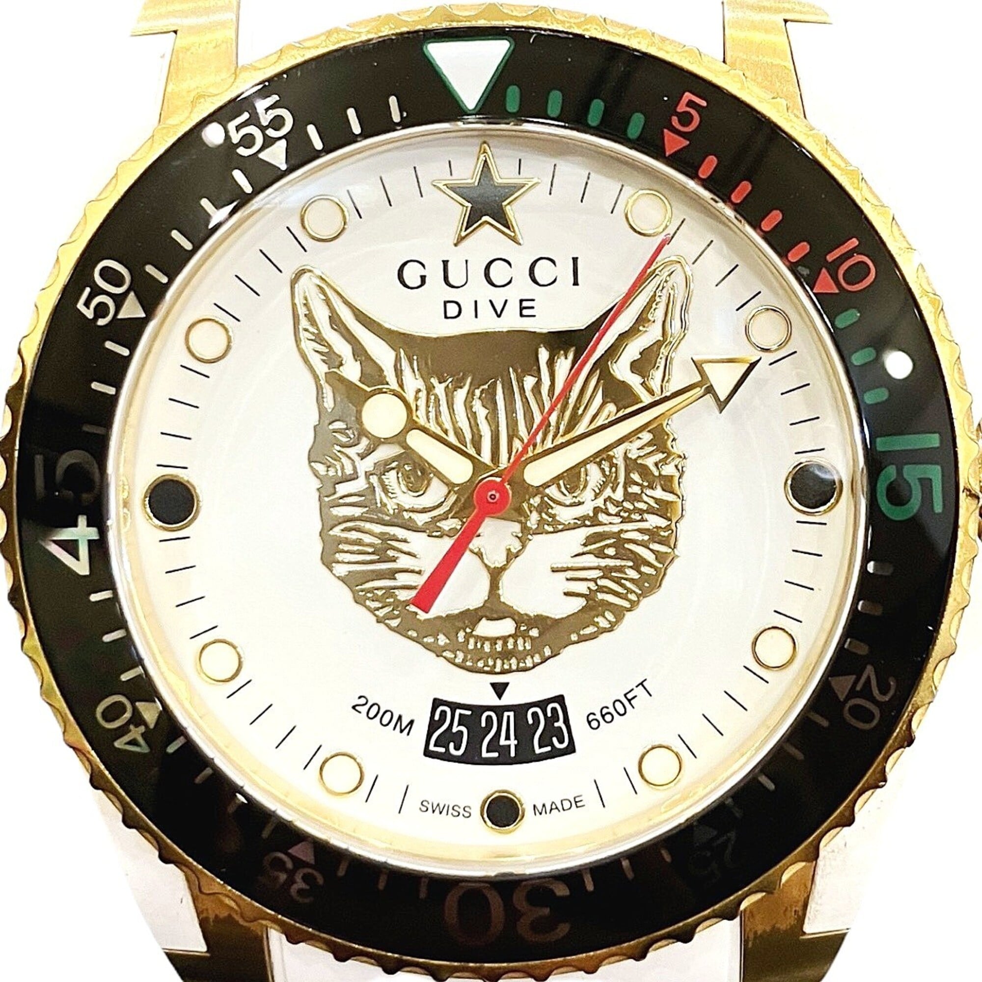 Gucci Dive Mystic Cat watch, total weight 108g, stainless steel, rubber strap, quartz movement, white and gold dial, 136.3 — Good