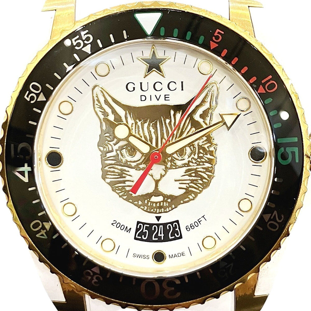 Gucci Dive Mystic Cat watch, total weight 108g, stainless steel, rubber strap, quartz movement, white and gold dial, 136.3 — Good