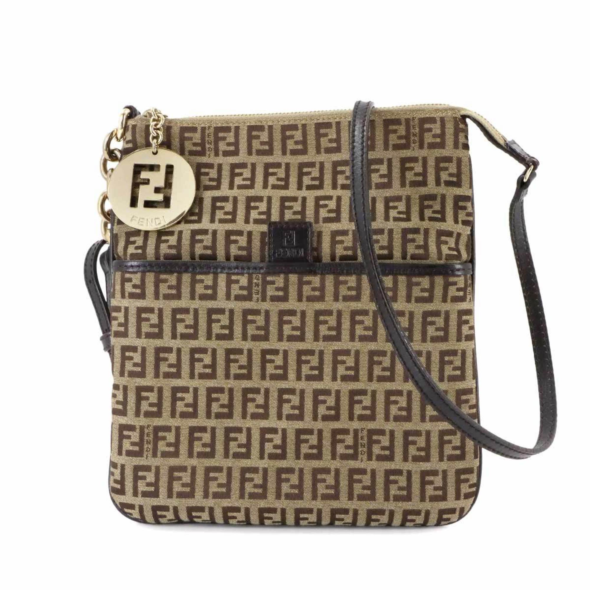 Fendi Zucchino Shoulder Bag, Canvas, Leather, Beige, Brown, Gold Hardware, 8BT150
