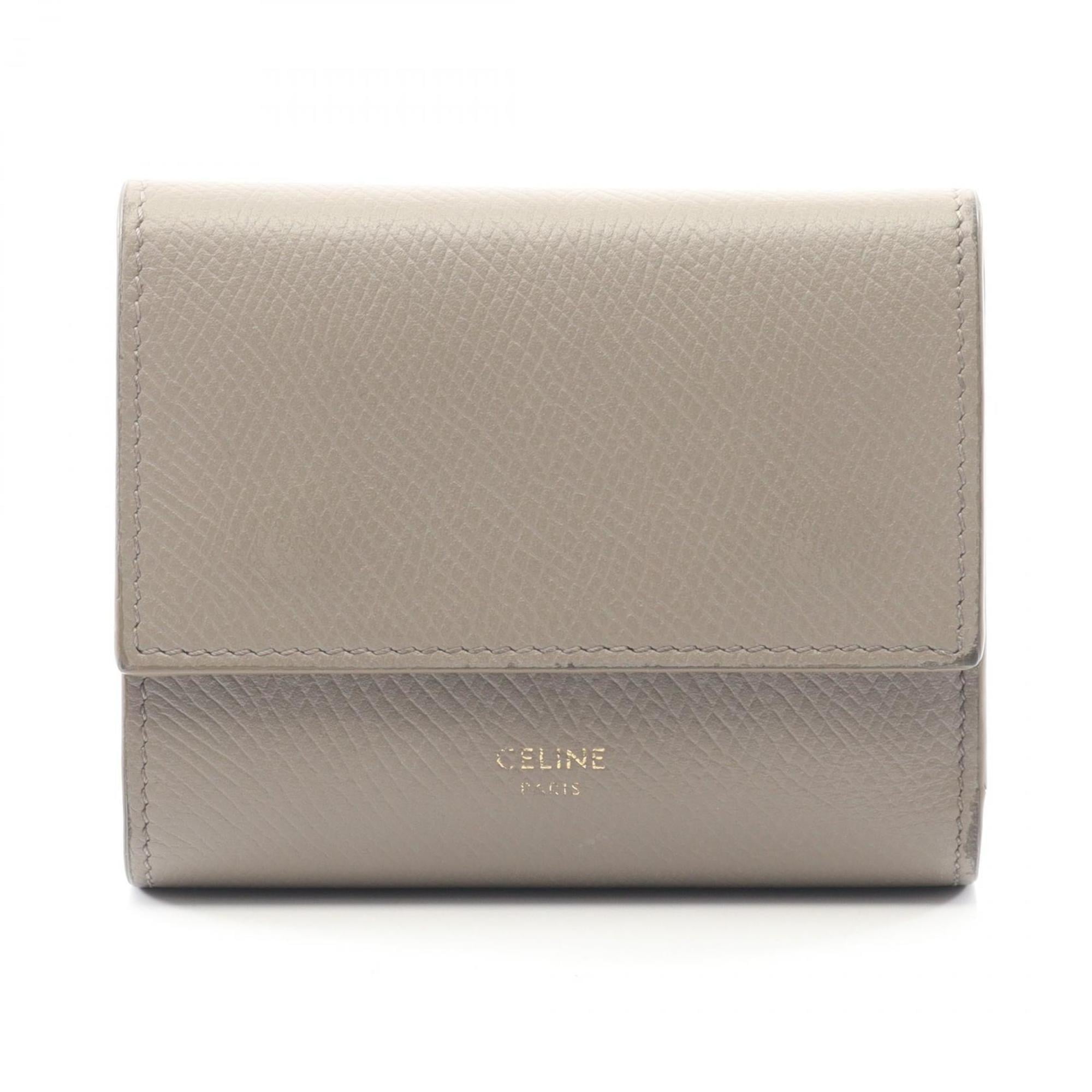 Celine Small Trifold Wallet, Leather, Women's, Beige, 10B573