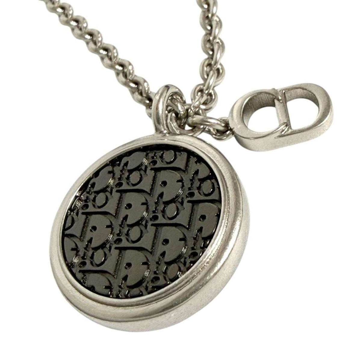Christian Dior Dior Men's Oblique Circle Pendant Necklace in Silver and Black — Like New