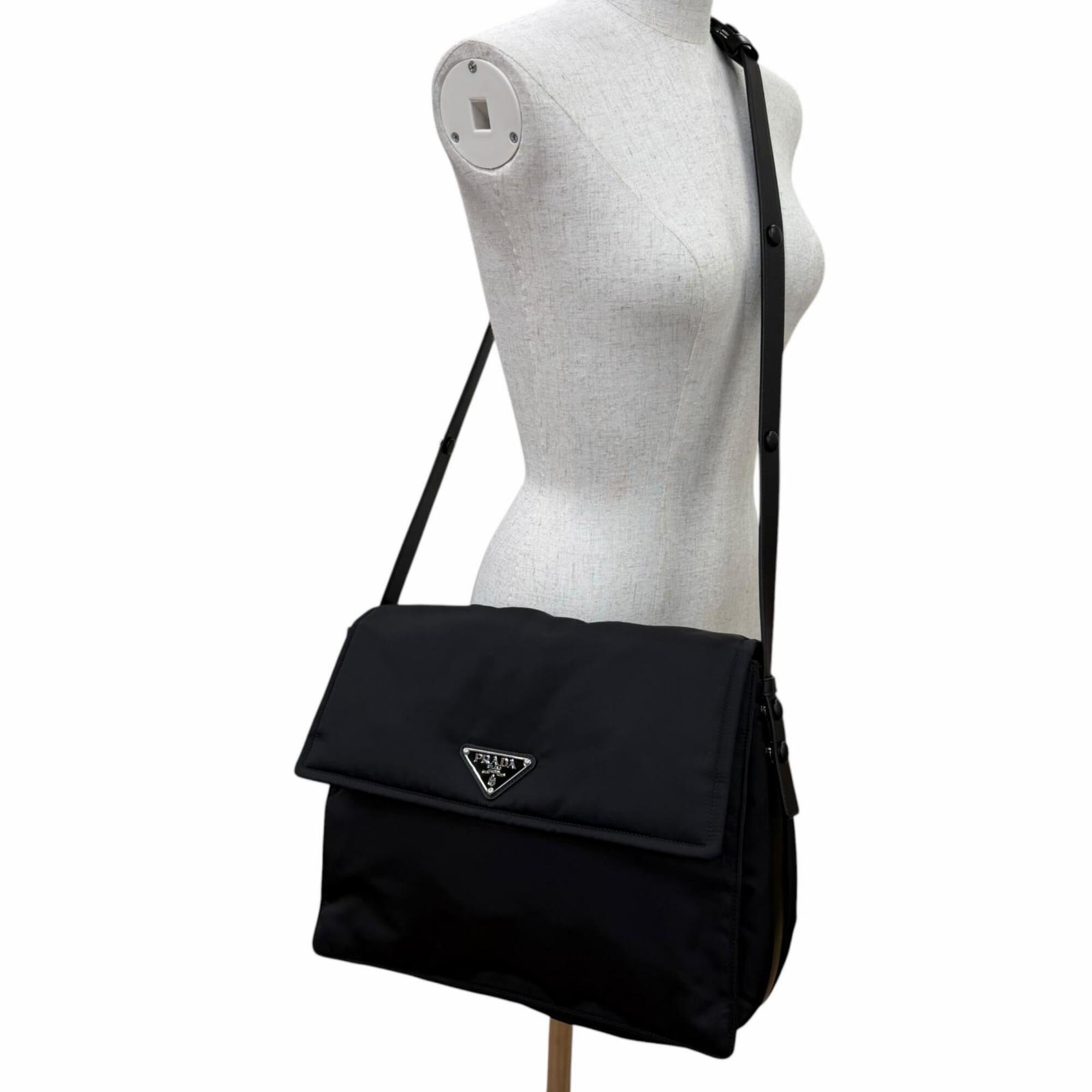 PRADA 1BD256 Re-Nylon Large Padded Shoulder Bag with Leather Accents and Triangle Logo, Black, Made in Italy, Women's — Like New