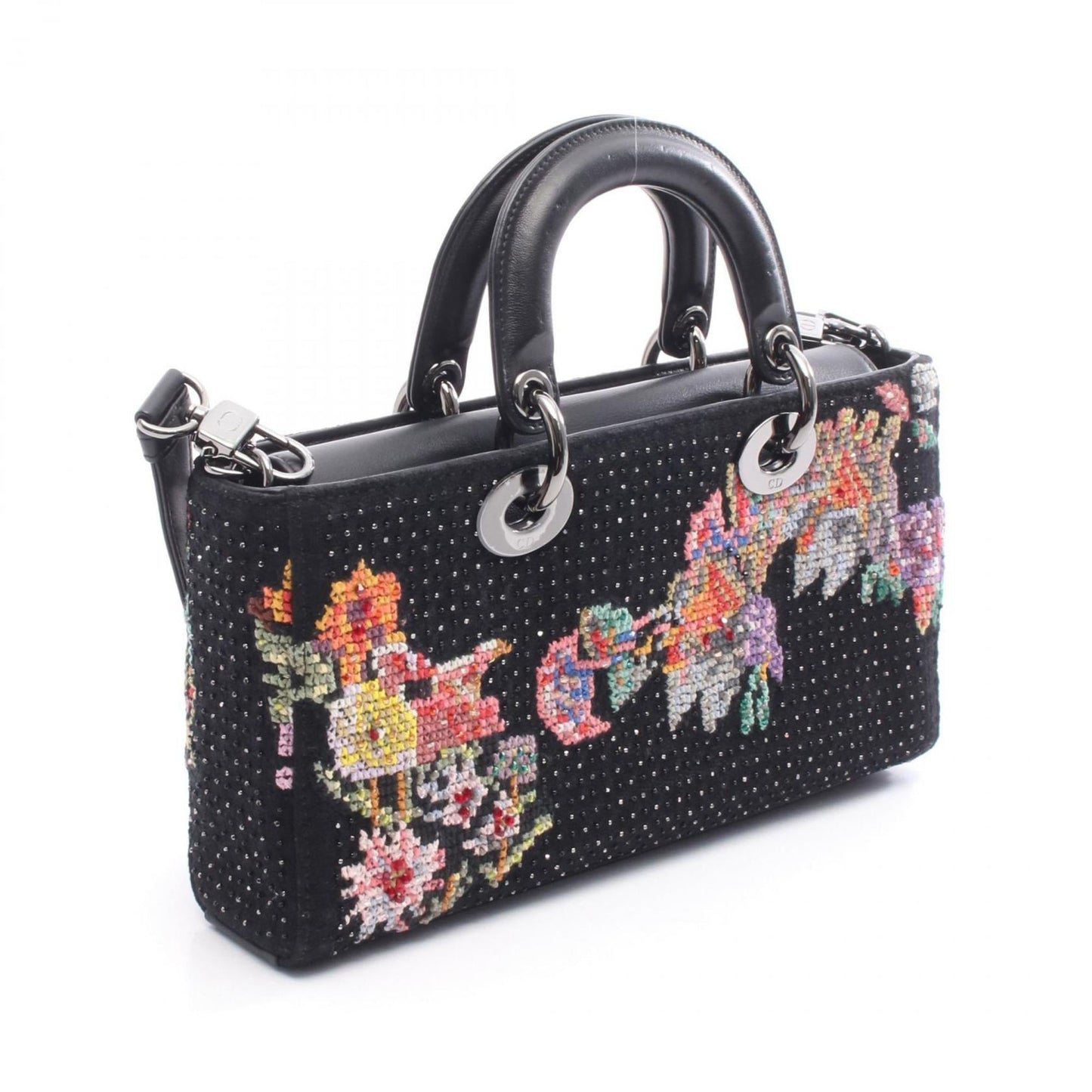 Christian Dior Dior Lady D-Joy Medium Handbag, Leather and Felt, Women's, Black, Multicolor