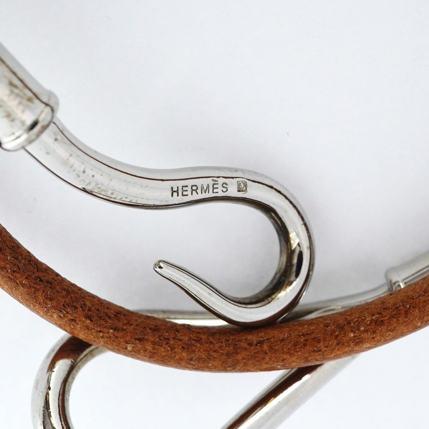 Hermes Jumbo Hook Bracelet, Metal, Leather, Silver, Brown, Women's