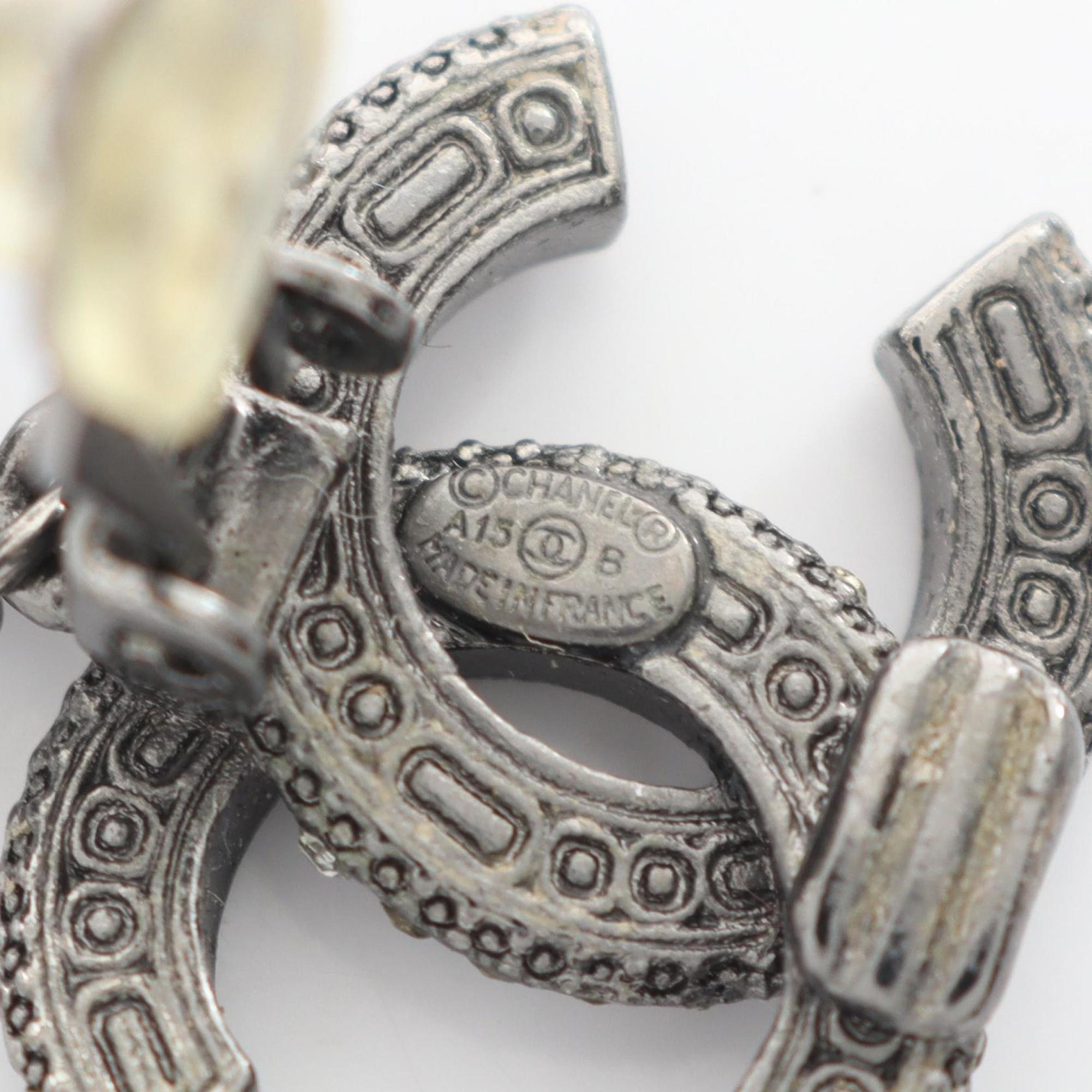 CHANEL Coco Mark Earrings, Stainless Steel with Rhinestones, Women's, Silver, Black, Clear