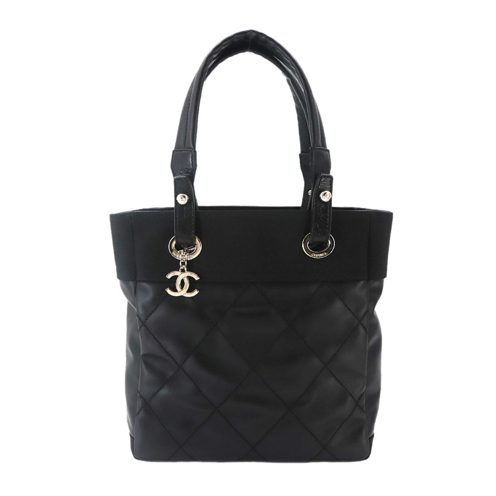 Chanel Paris Biarritz PM Tote Handbag, Nylon and Leather, Black, A34208, Silver Hardware — Like New