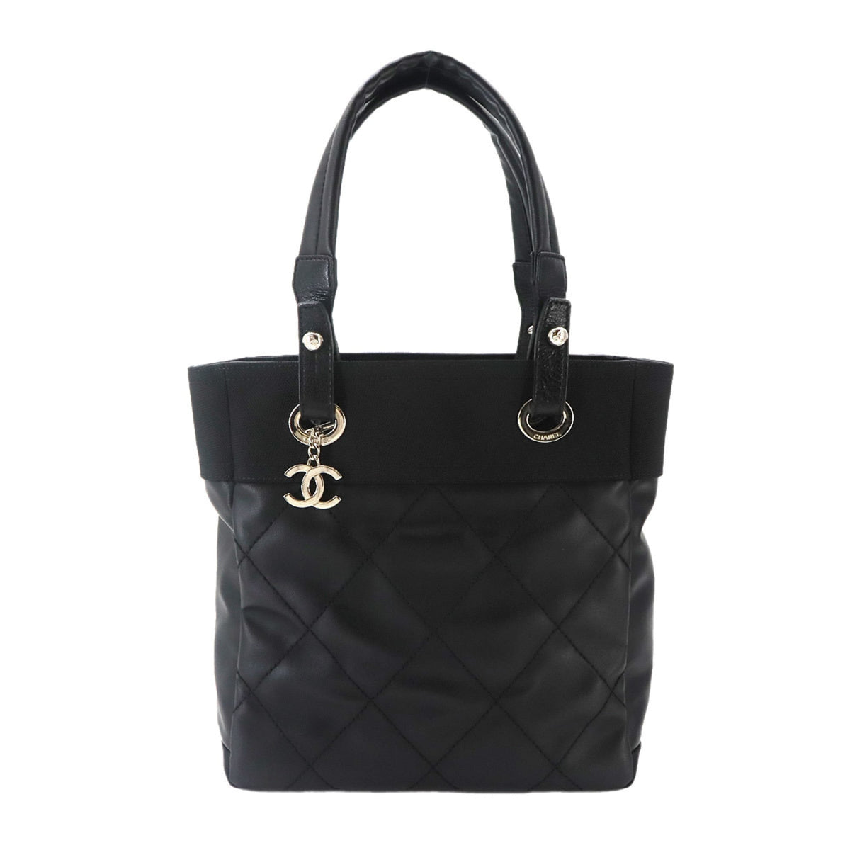 Chanel Paris Biarritz PM Tote Handbag, Nylon and Leather, Black, A34208, Silver Hardware — Like New