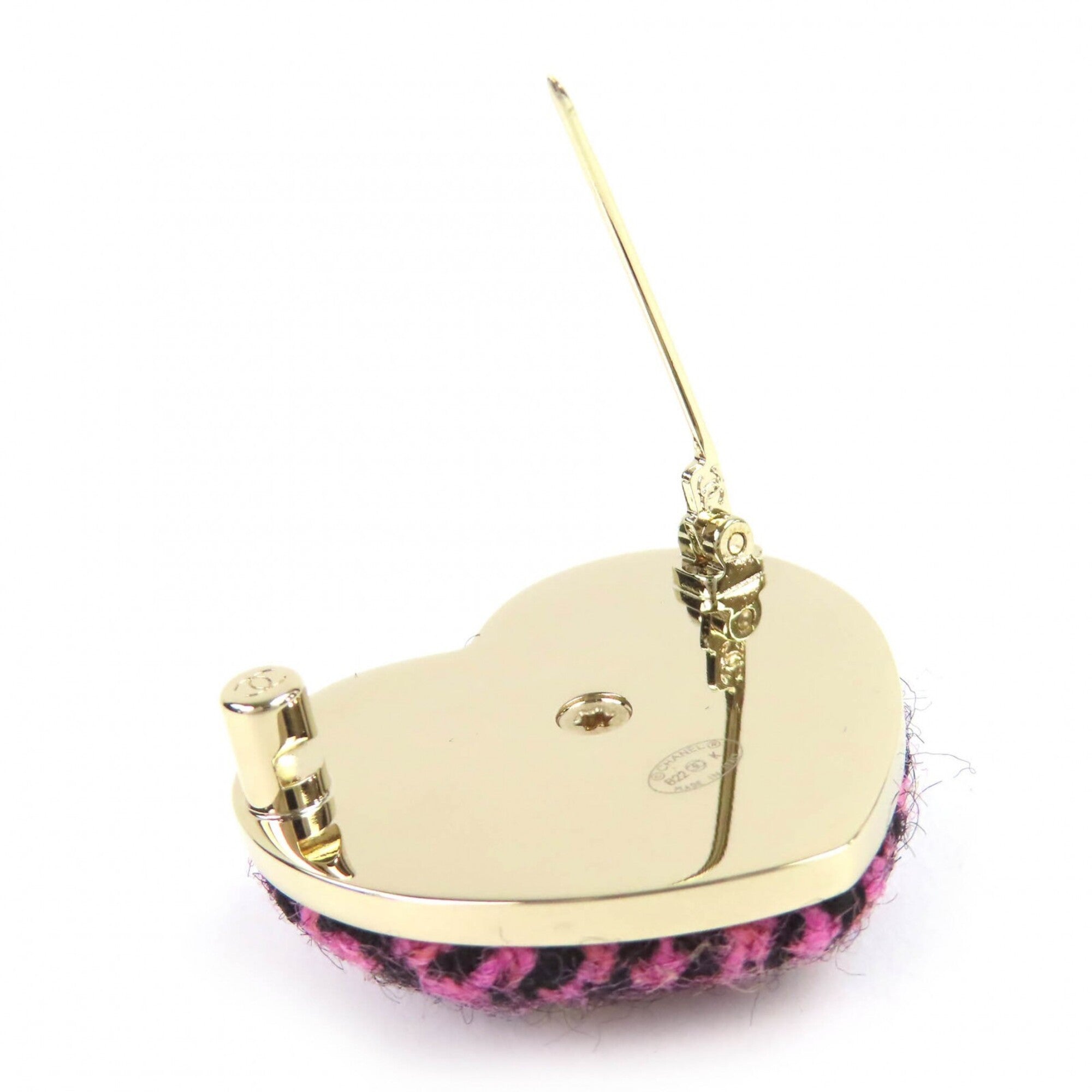 CHANEL B22K AB9496 Coco Mark Heart-Shaped Tweed Brooch, Pink, Black, Gold Hardware, with Box, Made in Italy, Women's, Very Popular, Highly Recommended ◎ — Like New