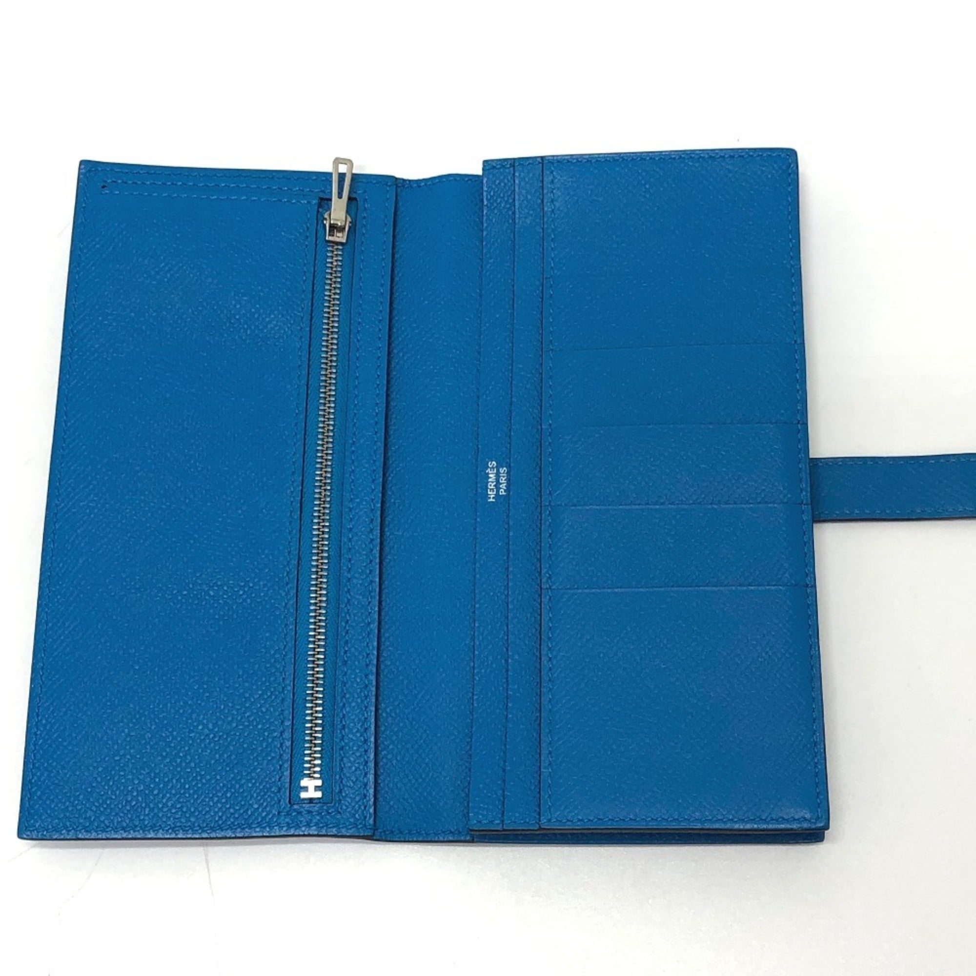 HERMES Bearn Soufflet Bifold Wallet, Long Epsom Leather, Women's, Blue Zanzibar,