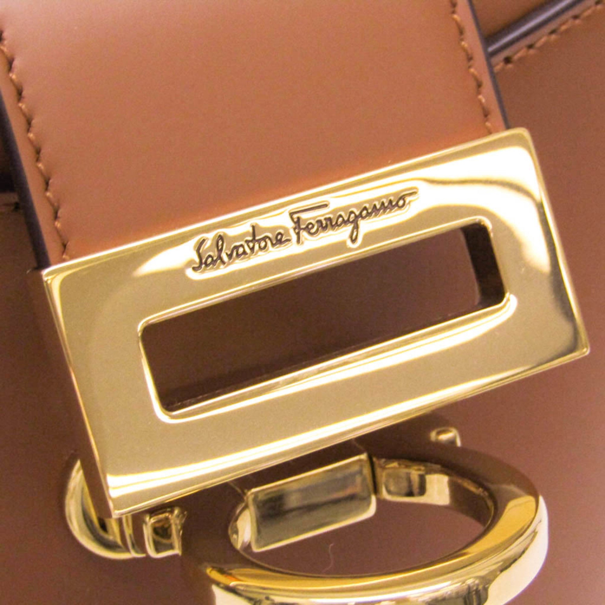 Salvatore Ferragamo Gancini Trifoglio Bucket DH-21 1194 Women's Leather Handbag,Shoulder Bag Brown — Like New