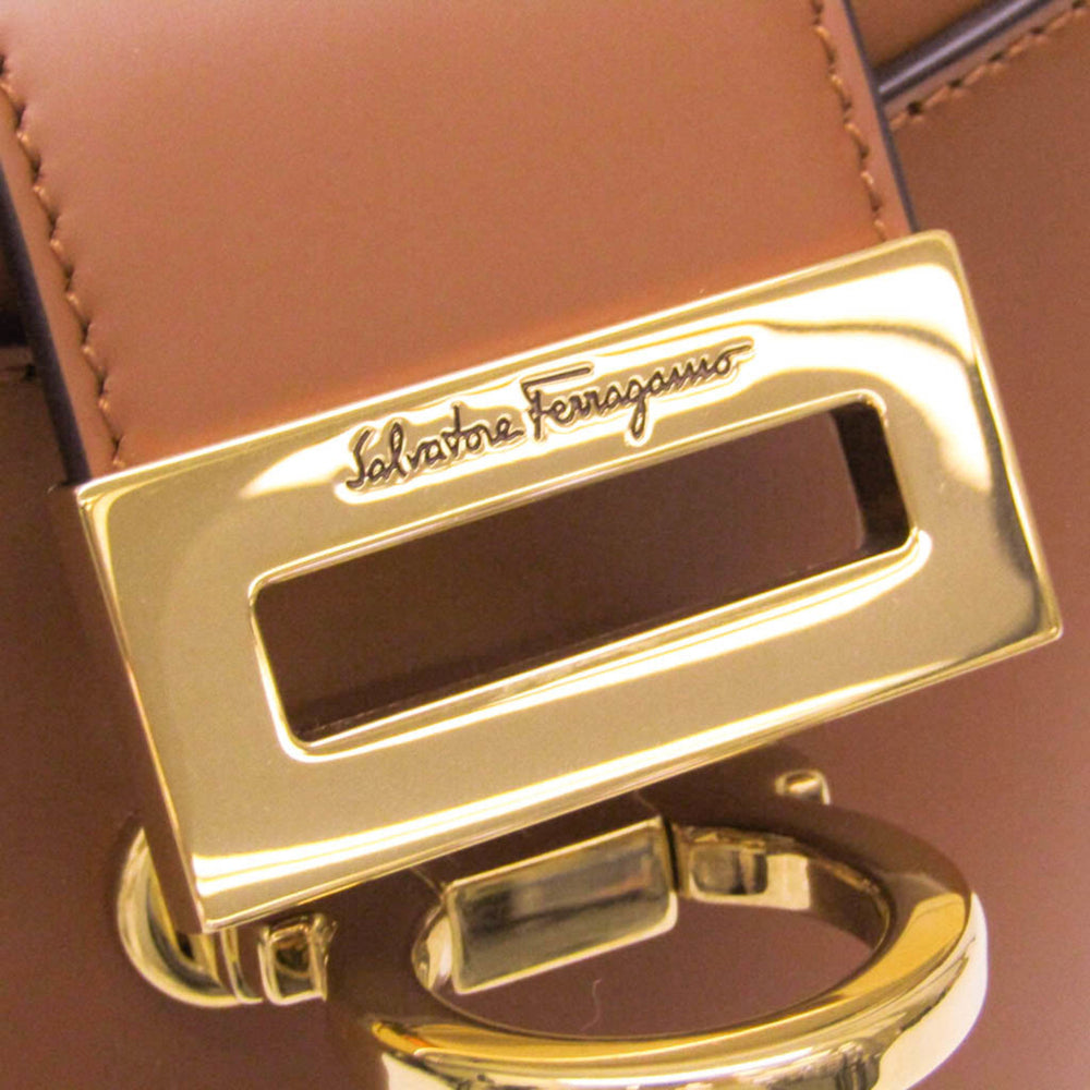 Salvatore Ferragamo Gancini Trifoglio Bucket DH-21 1194 Women's Leather Handbag,Shoulder Bag Brown — Like New