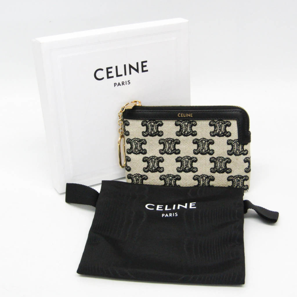 Celine Triomphe Coin And Card Pouch With Keychain Men,Women Canvas,Leather Coin Purse/coin Case Black,Off-white