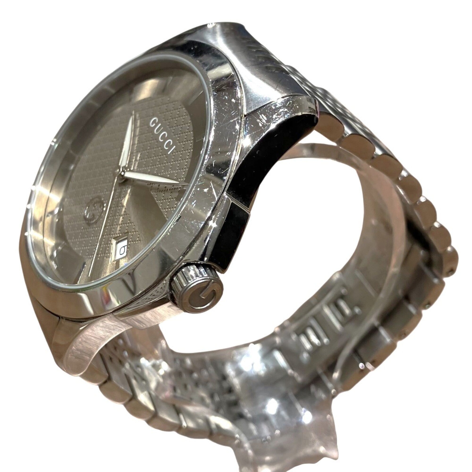 Gucci G-Timeless watch, total weight 96.4g, stainless steel, quartz movement, light brown dial. 126.4 — Good