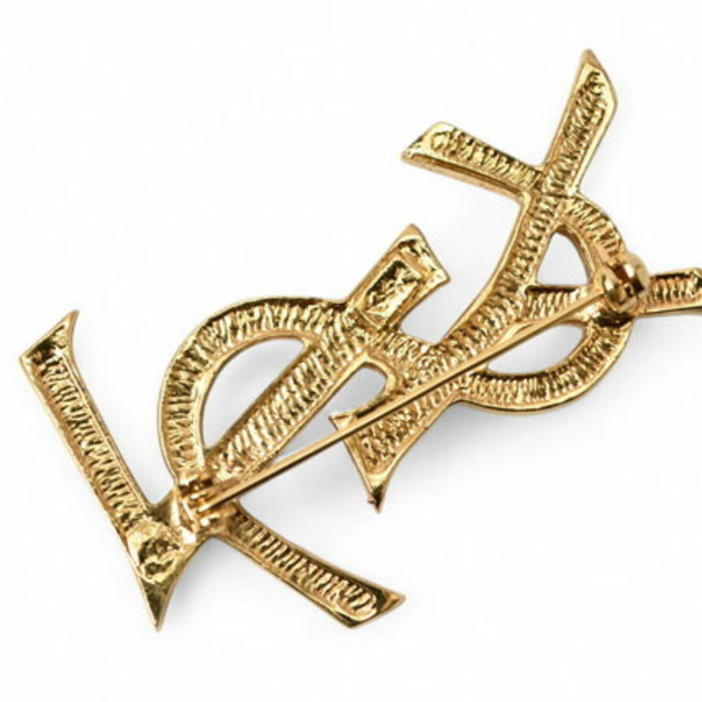 Yves Saint Laurent Saint Laurent pin brooch, badge, SAINT LAURENT monogram YSL, rhinestone, gold — Like New
