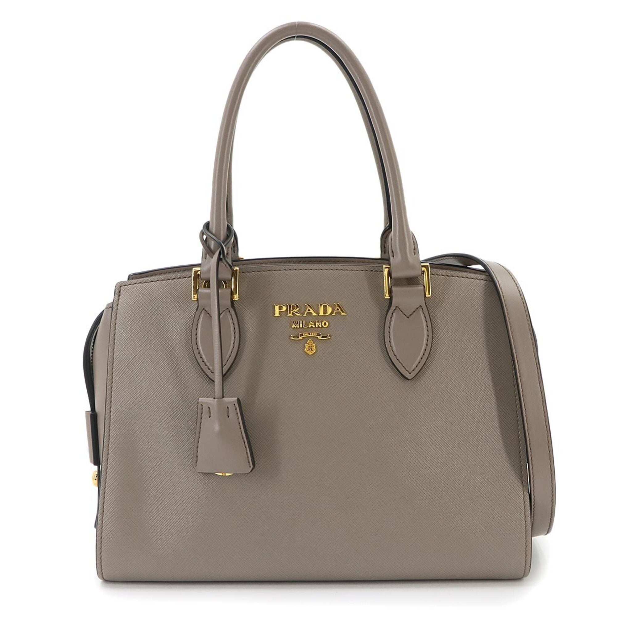 Prada Saffiano 2-way Hand/Shoulder Handbag, Gray Leather, 1BA164, Gold Hardware — Like New