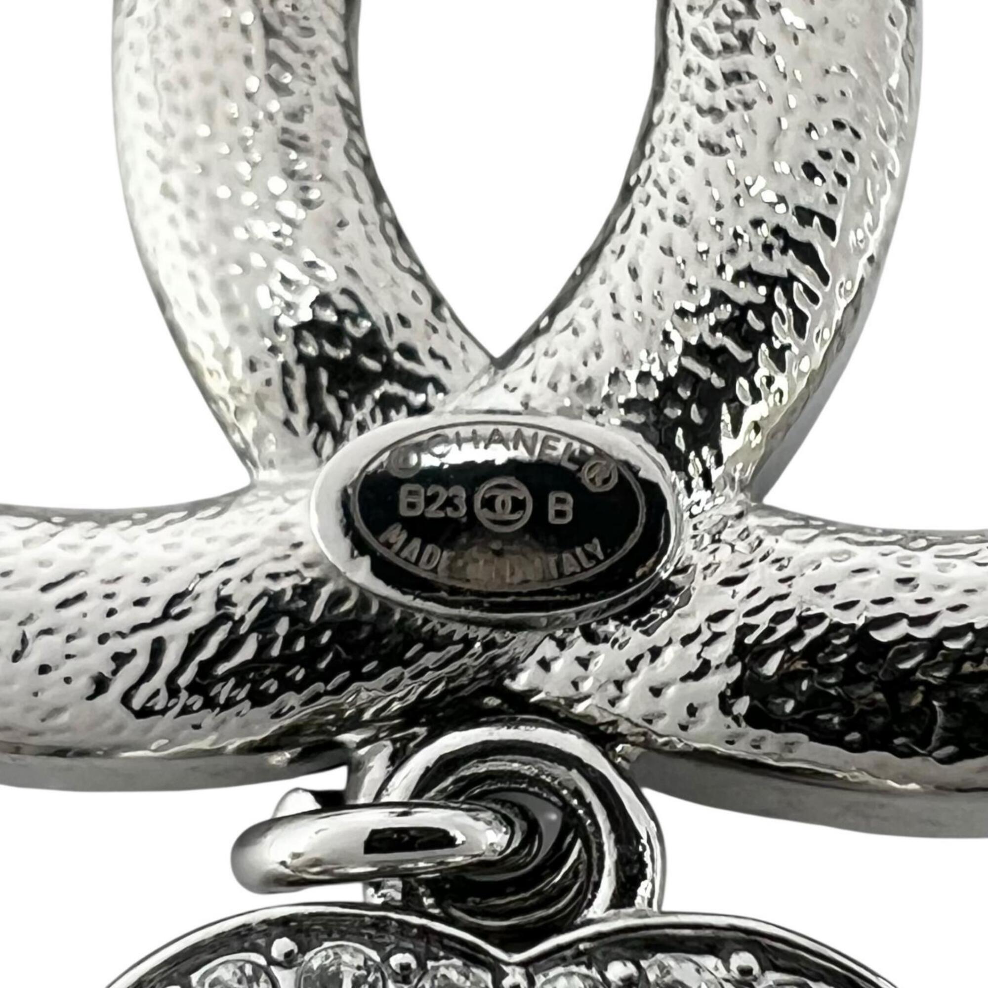 CHANEL B23 Coco Mark Heart Rhinestone Pin Badge Brooch, Silver, Made in Italy, Women's — Like New