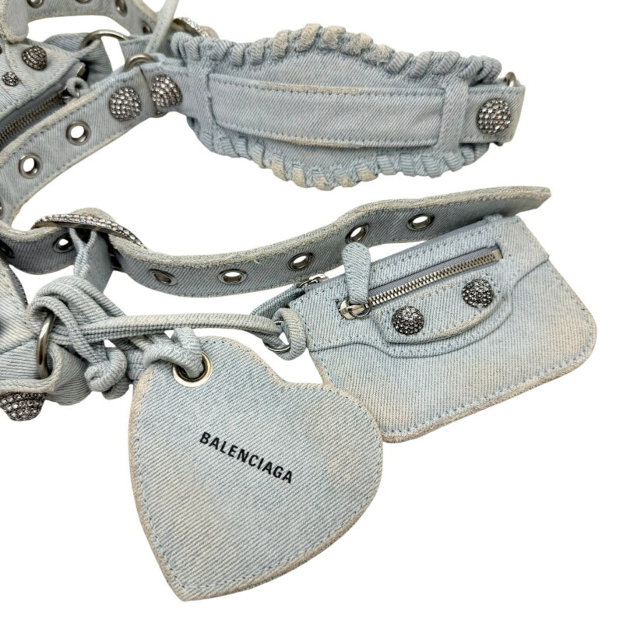 BALENCIAGA Le Cagole denim shoulder bag XS, blue with rhinestone heart design, for women — New - Store Return