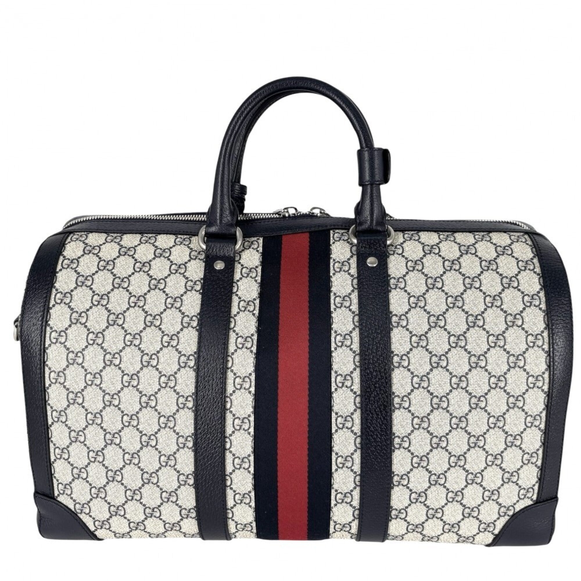 Gucci Boston Bag for Men and Women, Ophidia Medium Duffle Bag, Handbag, Shoulder Crossbody Travel GUCCI 724642, GG Supreme Canvas, Leather, Navy, Beige, Silver Hardware — Like New