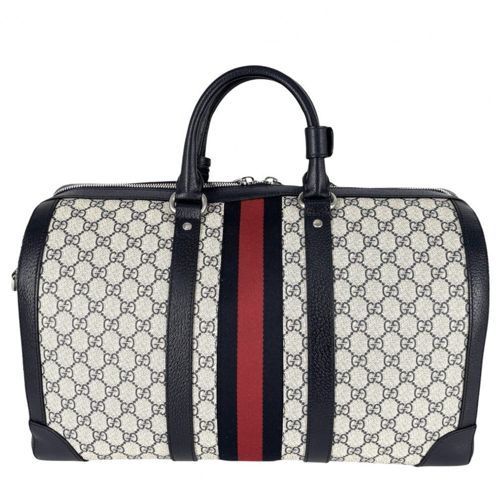 Gucci Boston Bag for Men and Women, Ophidia Medium Duffle Bag, Handbag, Shoulder Crossbody Travel GUCCI 724642, GG Supreme Canvas, Leather, Navy, Beige, Silver Hardware — Like New