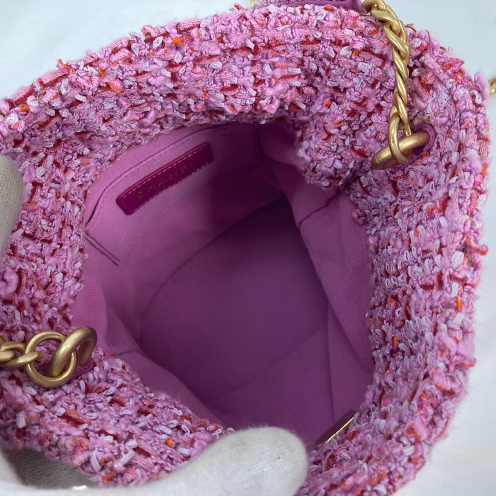 CHANEL 2022SS CC Coco Mark Chain Bucket-Shaped Pochette, 2-Way Handbag/Shoulder Bag, Tweed, Women's, Pink — Like New