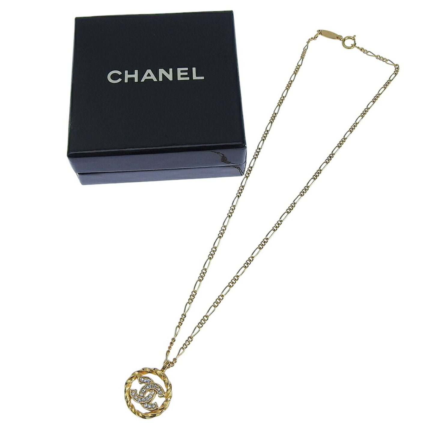 CHANEL Coco Mark Necklace 3438 Stamped GP Rhinestone