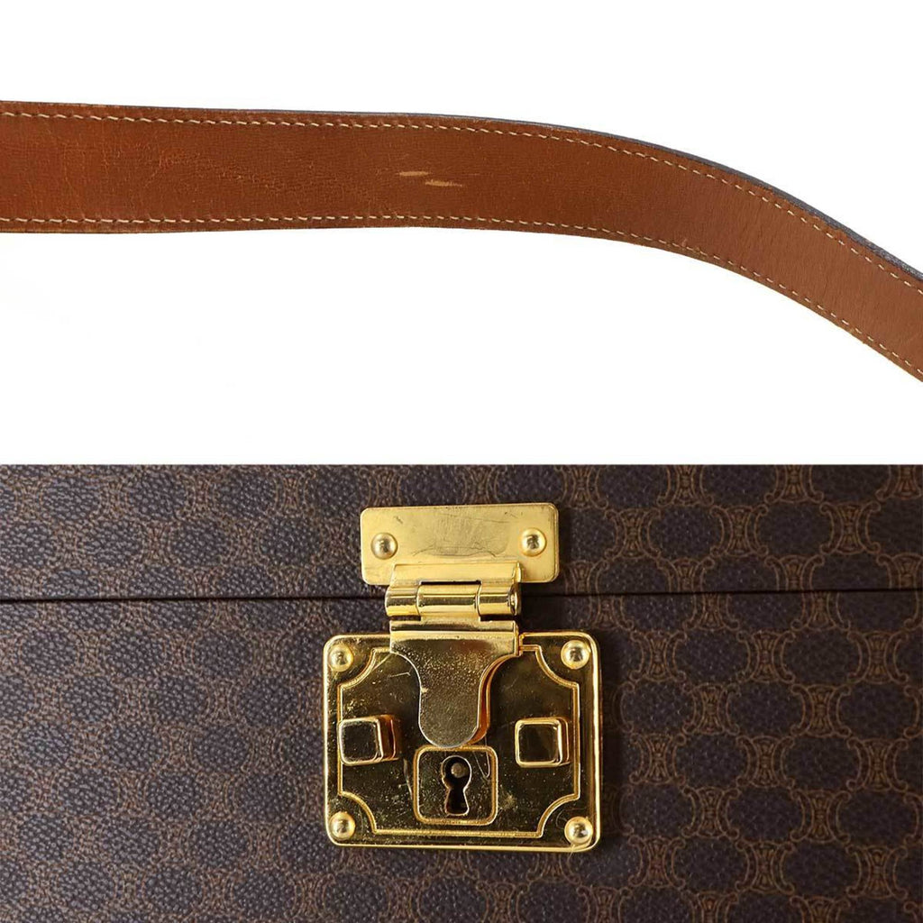 Celine Macadam Vanity 2-way hand/shoulder bag in brown PVC leather with gold hardware.