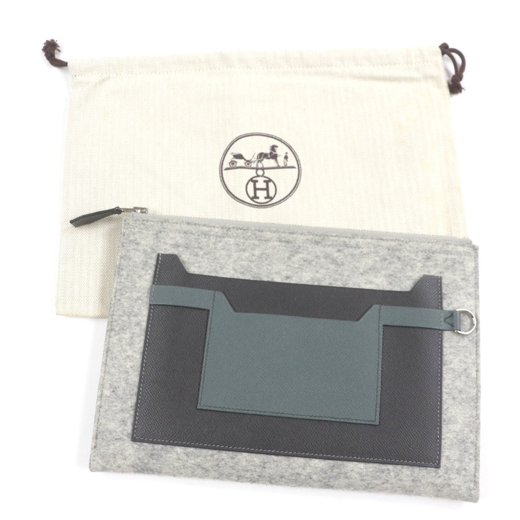 HERMES TOO DOO 29 Felt and Epsom Leather Flat Pouch/Clutch Bag with Silver Hardware, Gray, D Stamp, Dust Included, Made in France