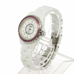 Chanel J12 29mm H3243 Women's Watch, Pink Sapphire Bezel, 8 Diamonds, White Shell Ceramic Quartz Watch — Like New