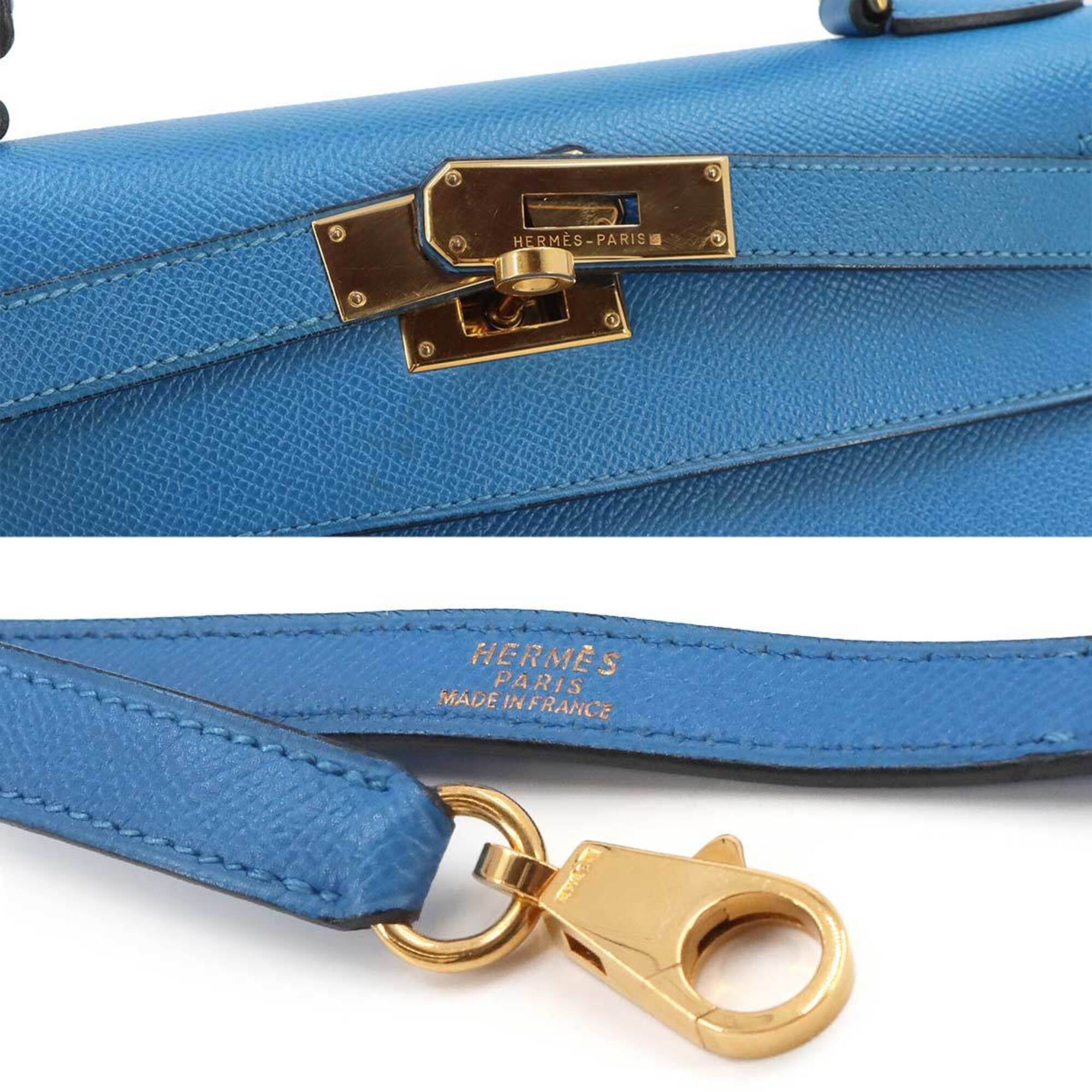 Hermes Kelly 28 2-way Hand/Shoulder Handbag, Courchevel Epsom Leather, Blue France, External Stitching, □A Stamp, Made in 1997, Gold Hardware — Like New