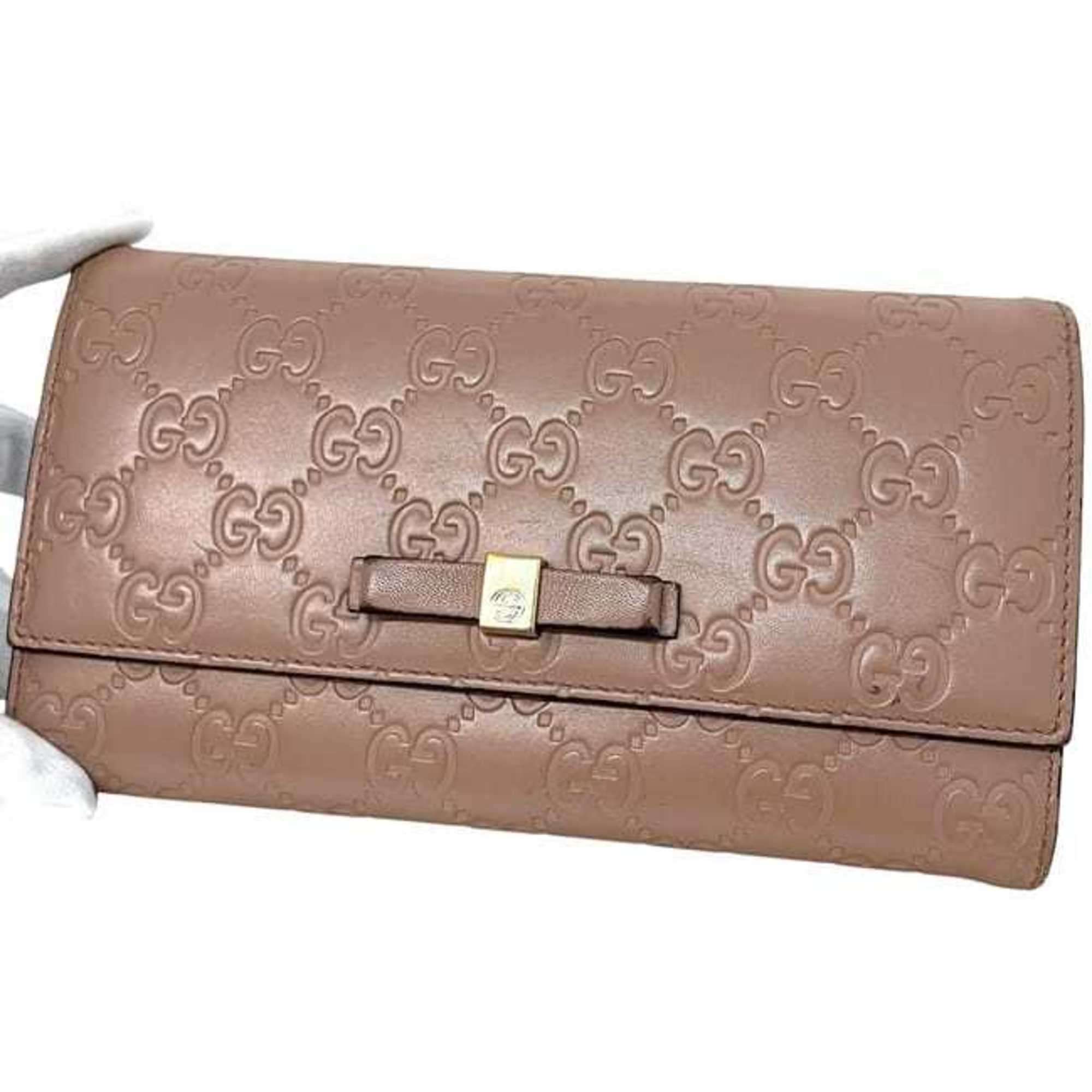 Gucci Bifold Long Wallet ec-24305 Pink Beige Stripe 388679 Leather 0959 GUCCI Ribbon GG Embossed Women's