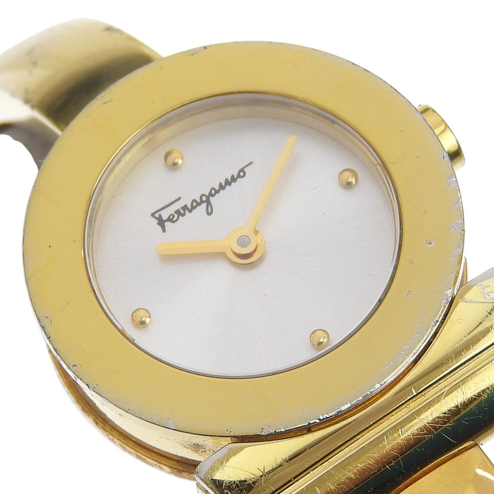 Salvatore Ferragamo Gancini Bangle Watch FQ5 Gold Plated Quartz Analog Silver Dial Women's — Good