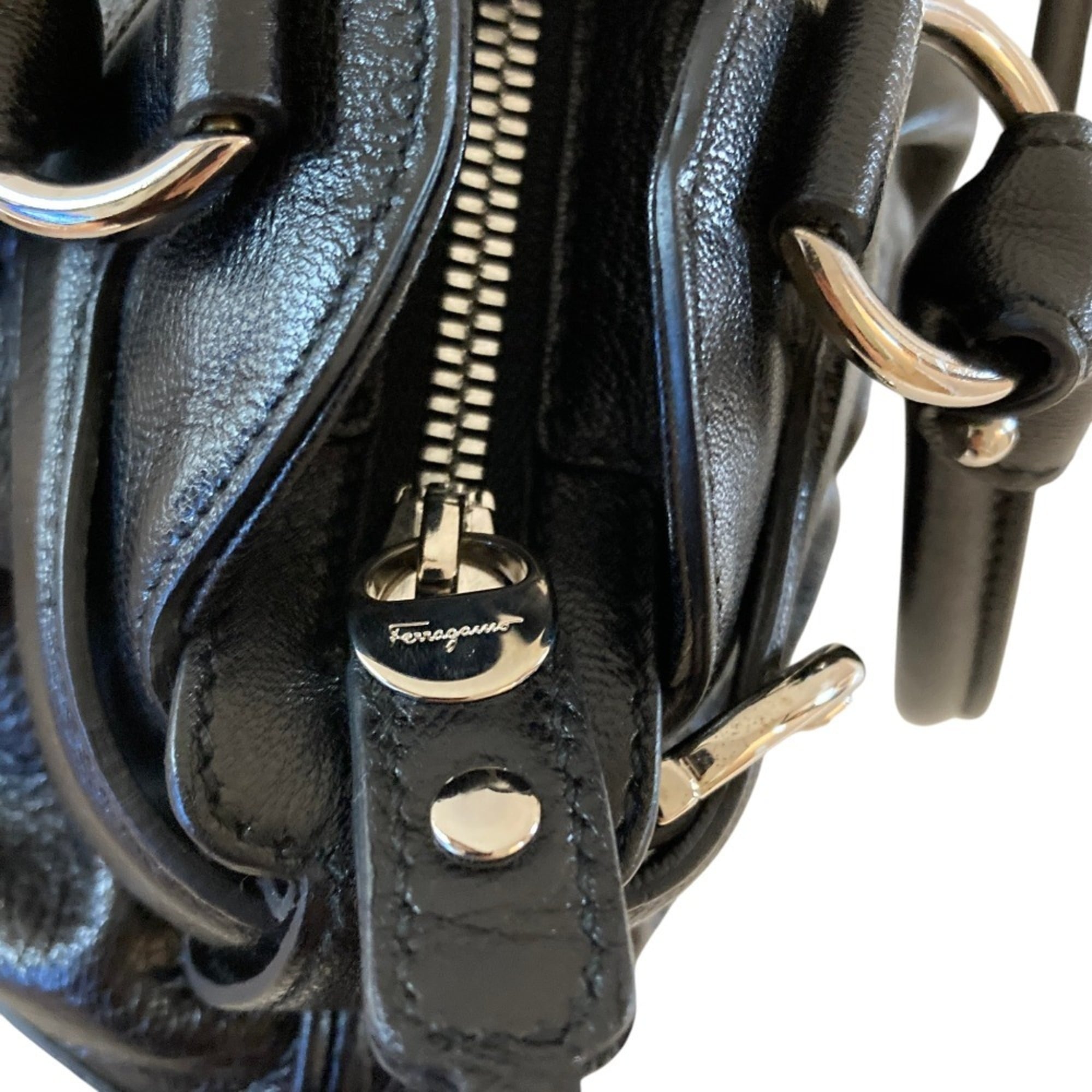 Salvatore Ferragamo Marissa Gancini Hardware Leather Handbag AU-21 6317 Black Women's — Like New
