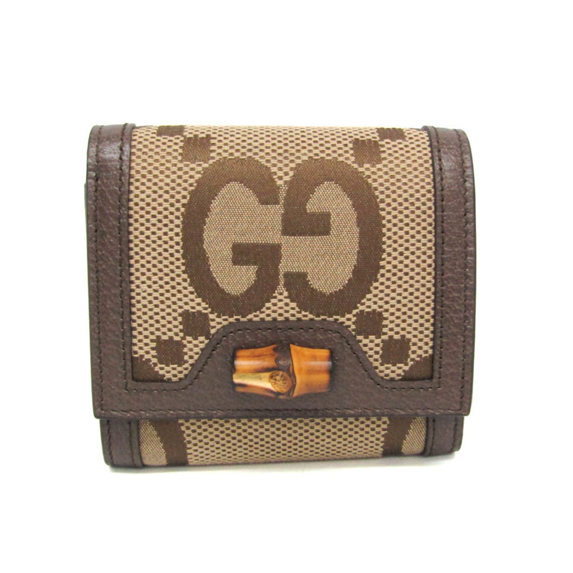 Gucci Bamboo Diana Jumbo GG 658635 Women's Canvas,Leather Wallet (bi-fold) Beige,Brown