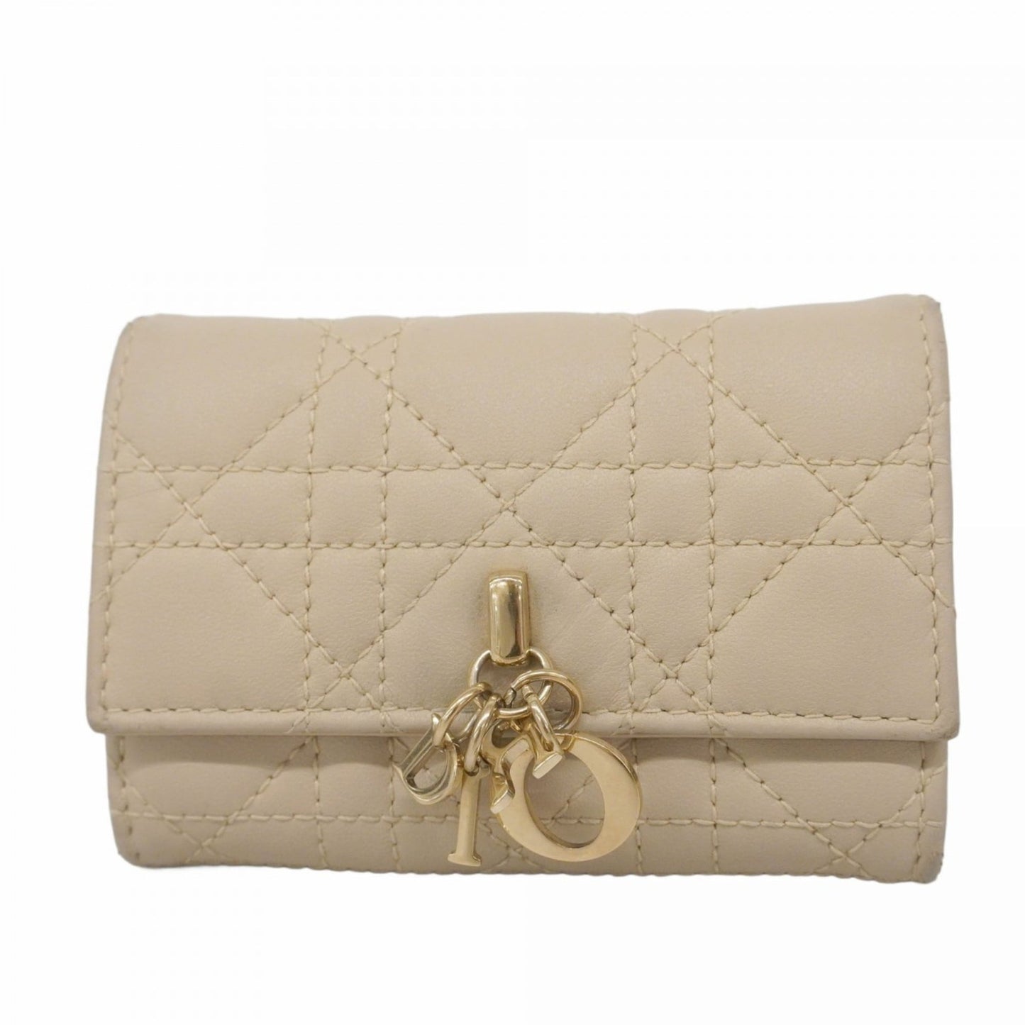 Christian Dior Cannage Leather Wallet, Beige, Champagne, Women's