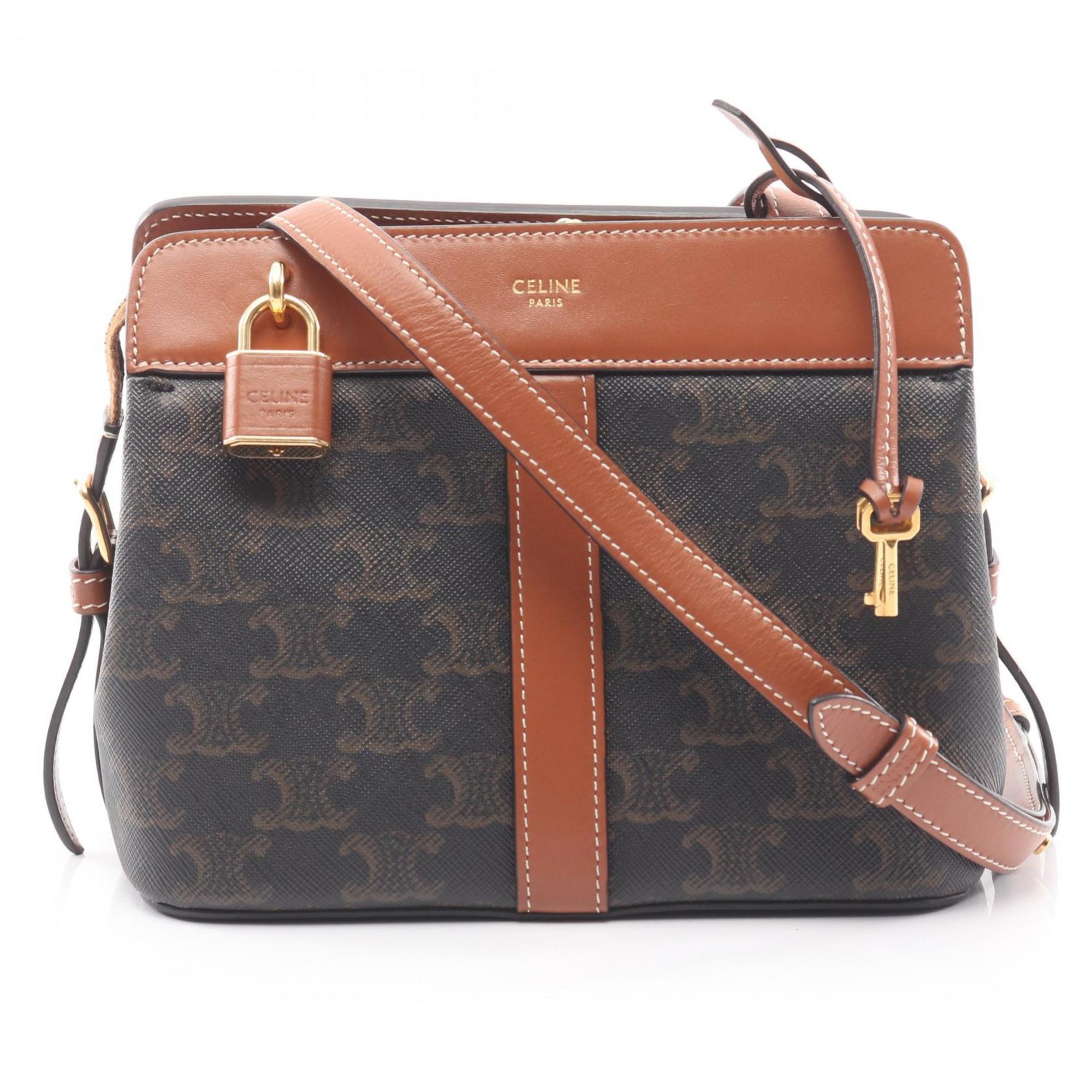 Celine Teen Cabadoux France Triomphe Shoulder Bag, Coated Canvas and Leather, Women's, Black Brown, 191992BZJ.04LU