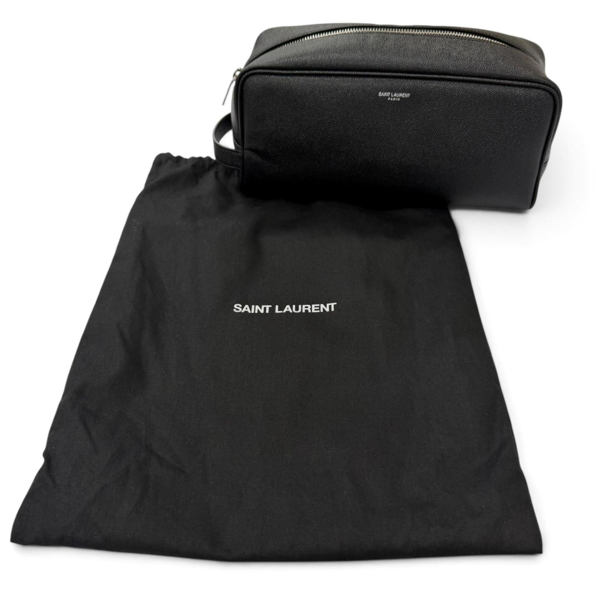 Yves Saint Laurent SAINT LAURENT PARIS 609347 Grain Calf Leather Travel Pouch Clutch Bag with Logo, Black, Made in Italy, Men's, Dust — Like New
