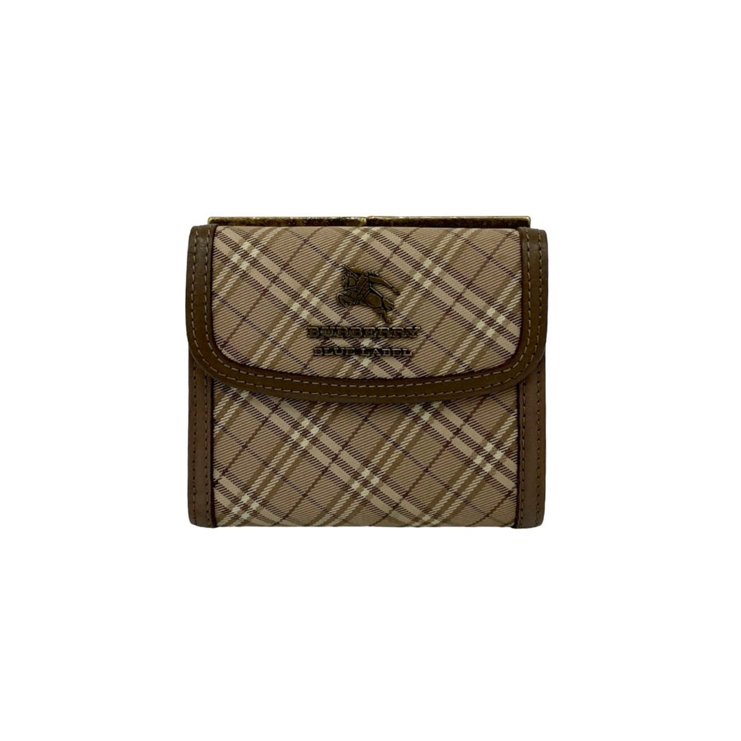 BURBERRY Blue Label Nova Check Shadow Horse Logo Clasp Closure Canvas and Leather Tri-Fold Wallet in Greige (39335)