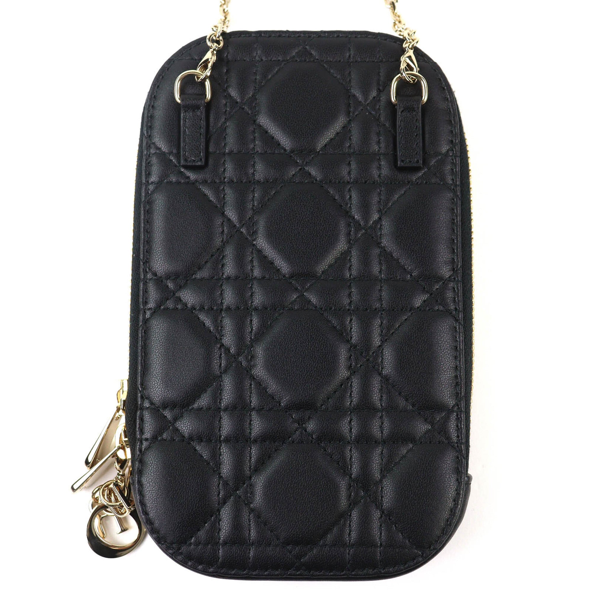 Christian Dior S0872ONMJ Lady Cannage Phone Pouch, Lambskin, Black, Gold Hardware, Made in Italy, Women's — Like New