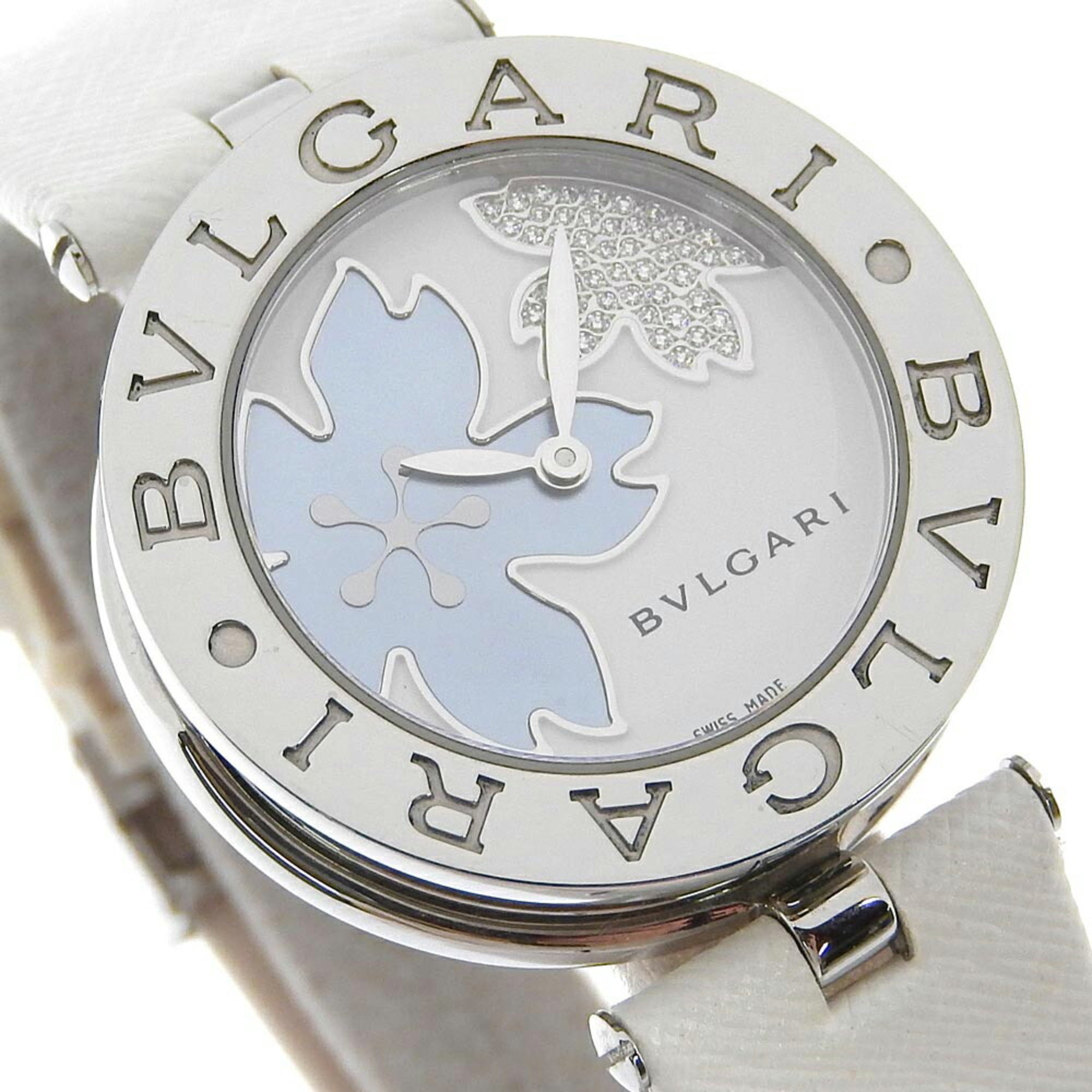 BVLGARI B-zero1 Watch BZ30FDSL Stainless Steel x Leather Flower Quartz Analog Display White Shell Dial Women's — Very Good