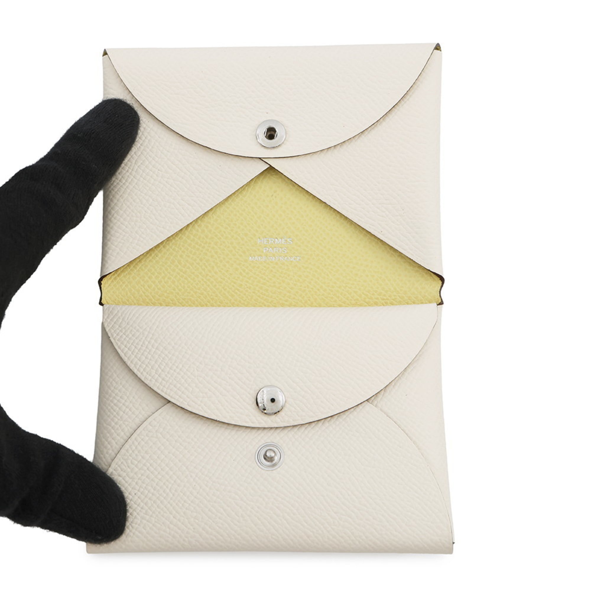 Hermès Calvi Duo Verso Coin Case, Nata/Jaune Poussin, Epson U Stamp