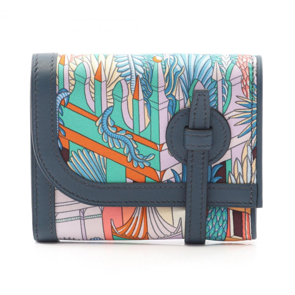 Hermes Hermès Avexois Compact ANIMAPOLIS Wallet/Coin Case, Silk and Leather, Swift Women's, Navy, Multicolor, Mykonos Orange